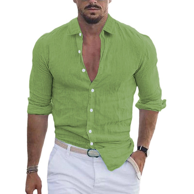 Men's Summer Cotton Linen Lapel Long Sleeve Shirt