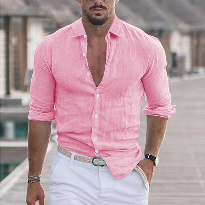 Men's Summer Cotton Linen Lapel Long Sleeve Shirt