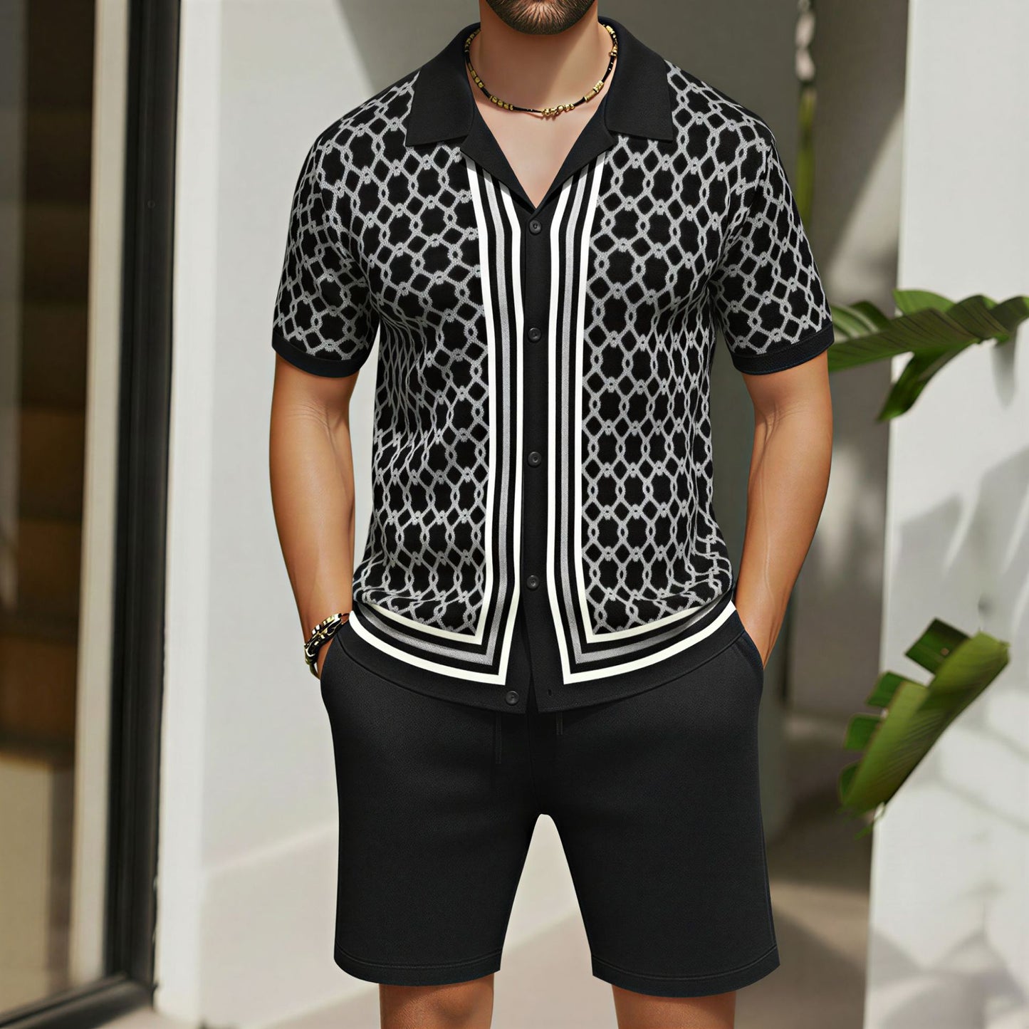 Men's Jacquard Knitted Short-Sleeve and Shorts Set