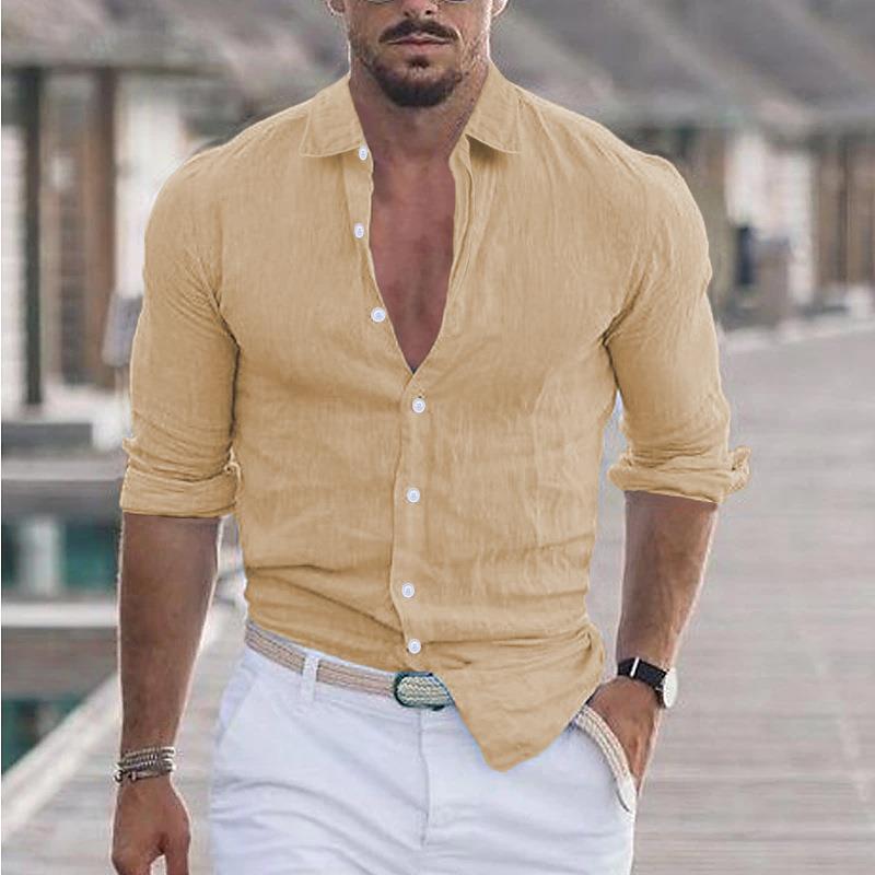 Men's Summer Cotton Linen Lapel Long Sleeve Shirt