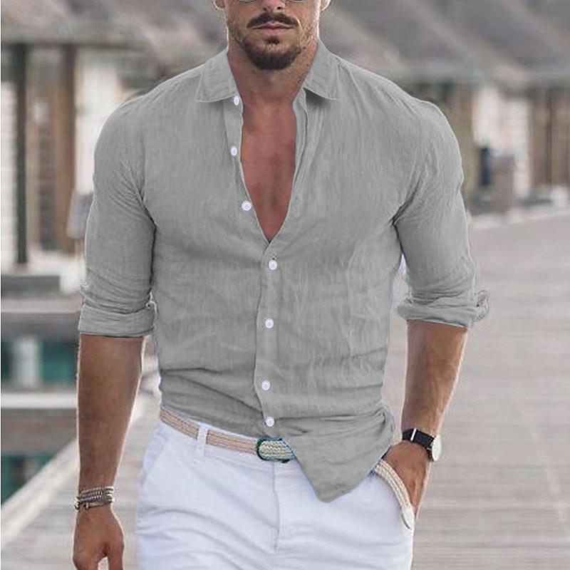 Men's Summer Cotton Linen Lapel Long Sleeve Shirt