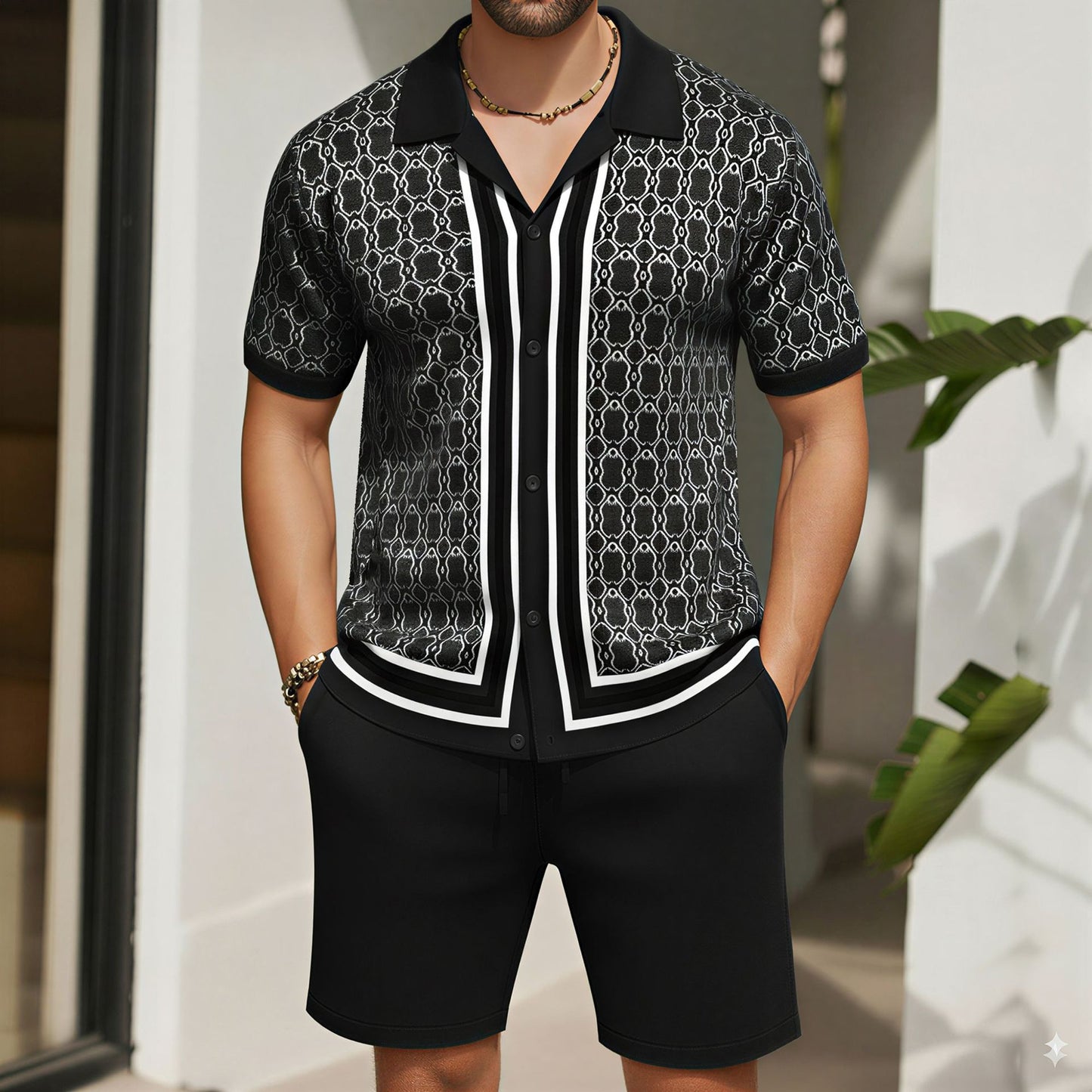 Men's Jacquard Knitted Short-Sleeve and Shorts Set