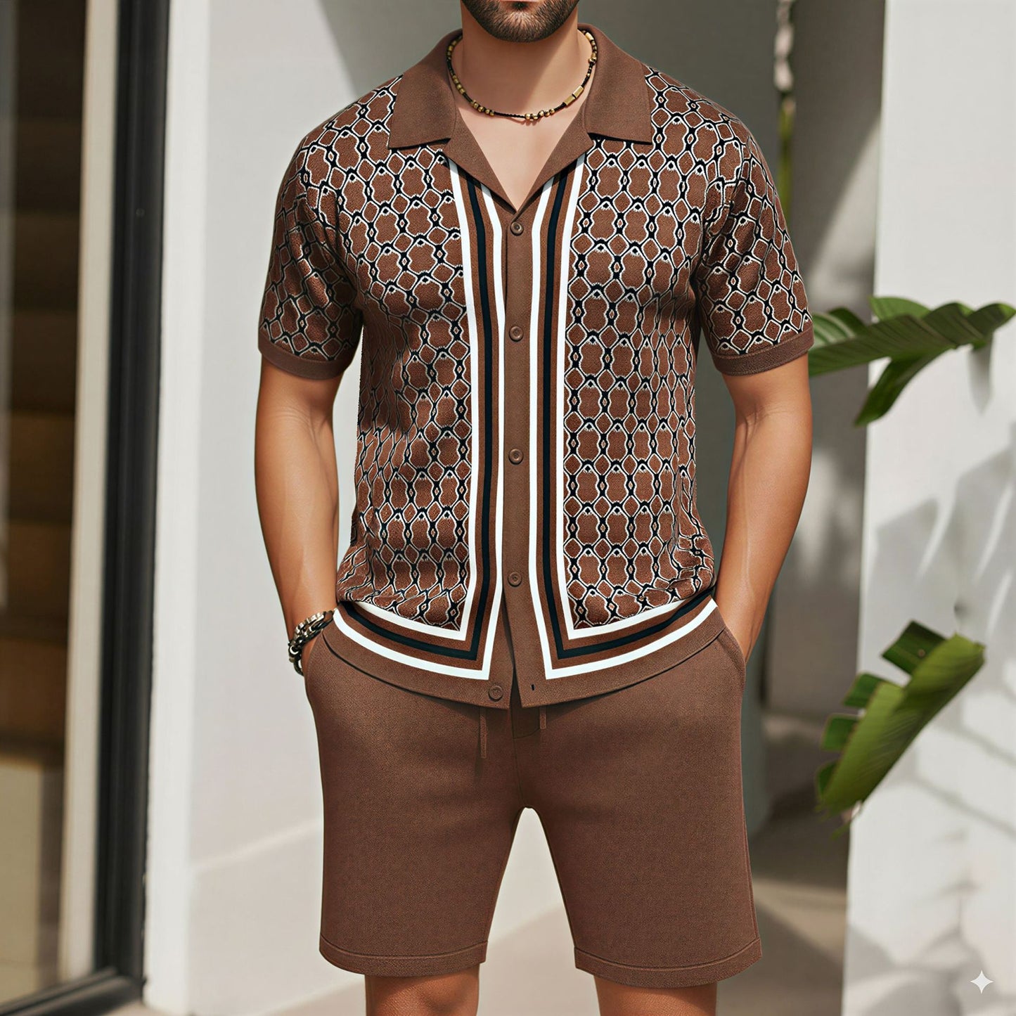 Men's Jacquard Knitted Short-Sleeve and Shorts Set