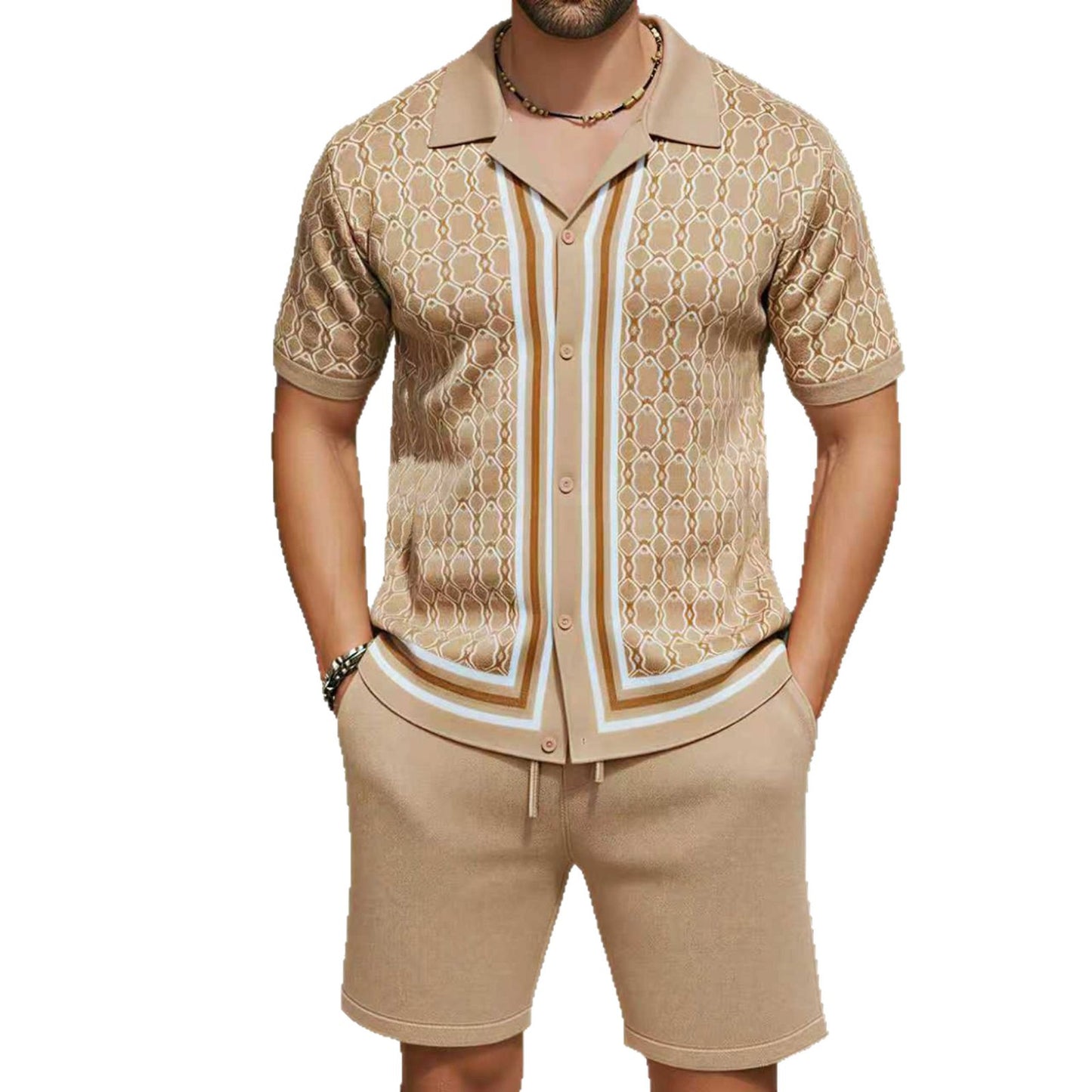 Men's Jacquard Knitted Short-Sleeve and Shorts Set