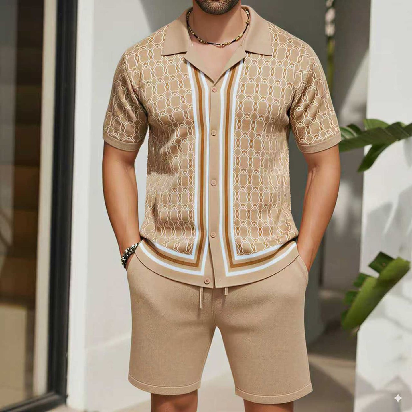 Men's Jacquard Knitted Short-Sleeve and Shorts Set