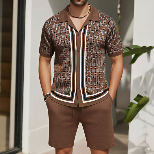 Men's Jacquard Knitted Short-Sleeve and Shorts Set