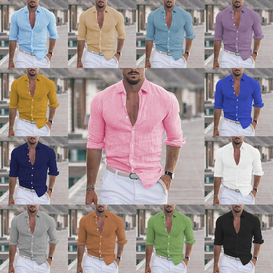 Men's Summer Cotton Linen Lapel Long Sleeve Shirt