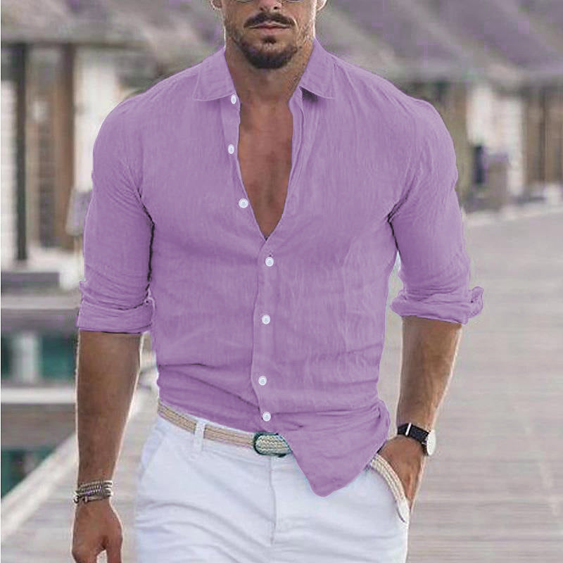 Men's Summer Cotton Linen Lapel Long Sleeve Shirt