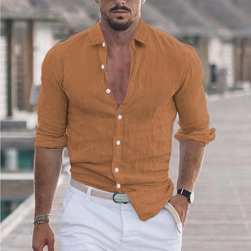 Men's Summer Cotton Linen Lapel Long Sleeve Shirt