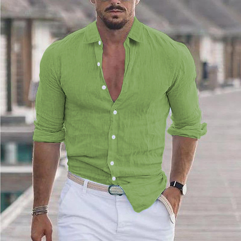 Men's Summer Cotton Linen Lapel Long Sleeve Shirt